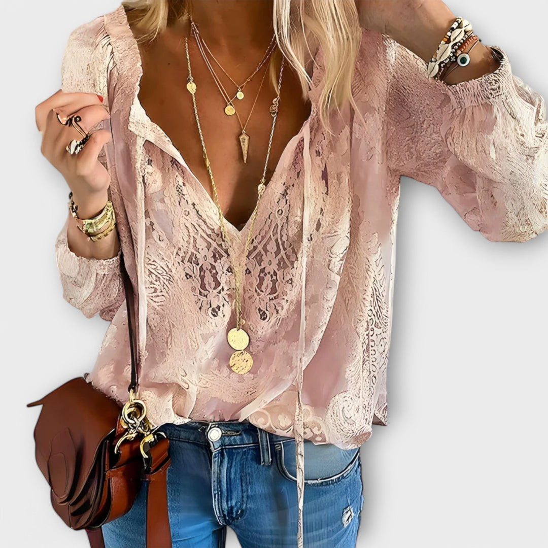 Women's Lace Boho Blouse - V-Neck Long Sleeve Top