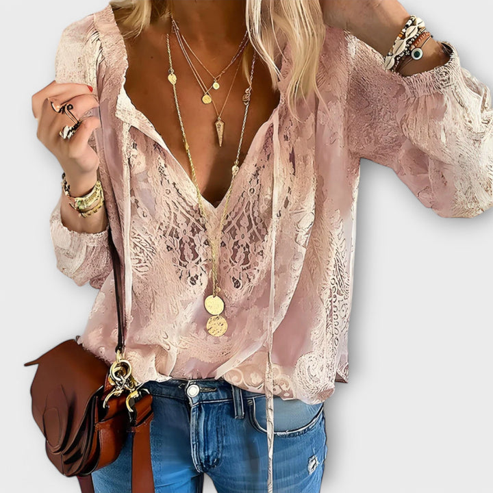 Women's Lace Boho Blouse - V-Neck Long Sleeve Top