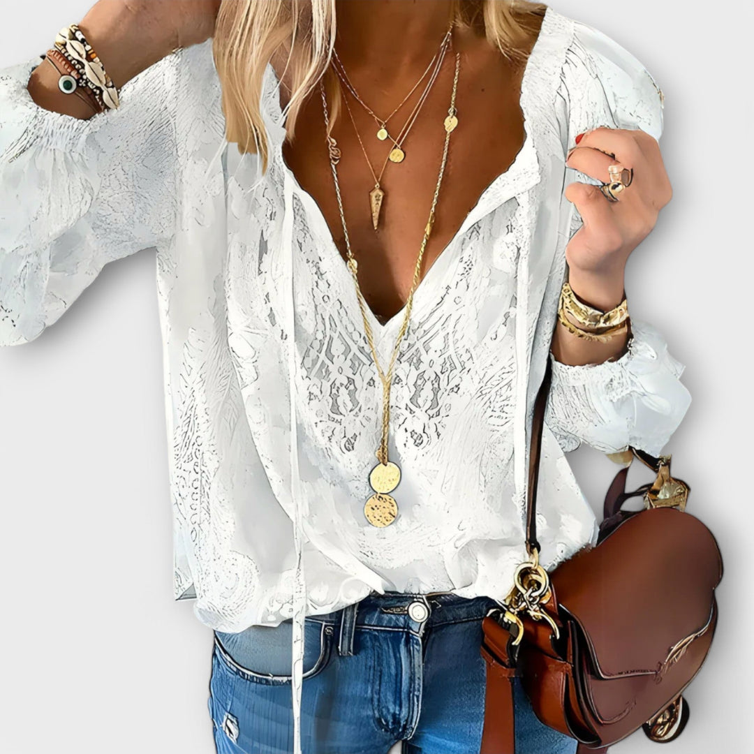 Women's Lace Boho Blouse - V-Neck Long Sleeve Top