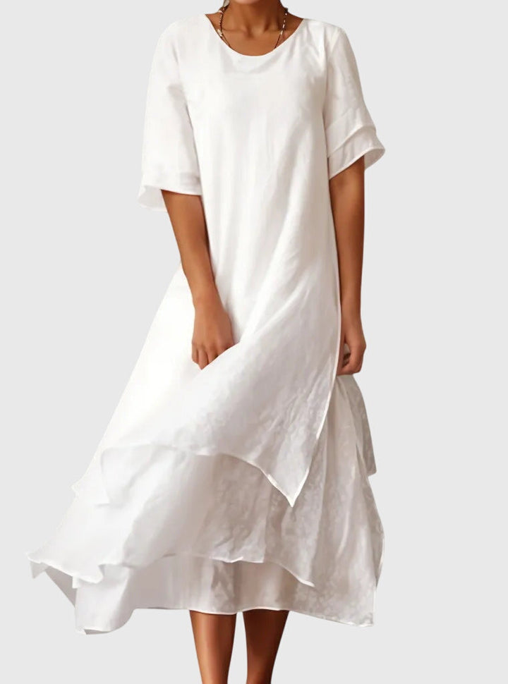 Women's Layered Midi Dress – Casual Short Sleeve Scoop Neck Maxi Dress