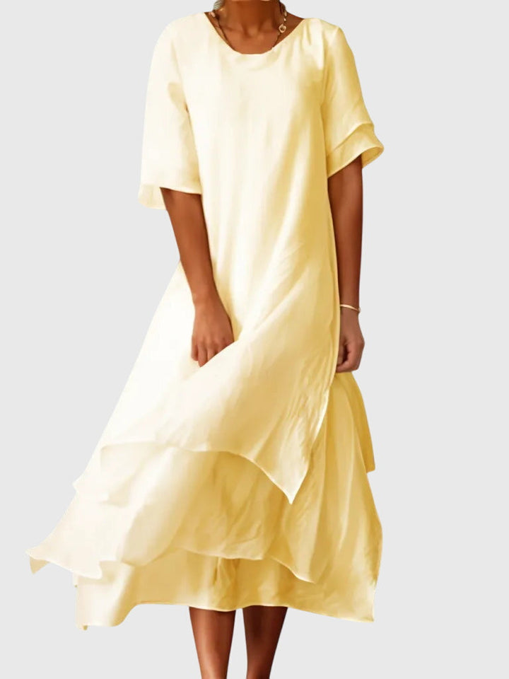 Women's Layered Midi Dress – Casual Short Sleeve Scoop Neck Maxi Dress