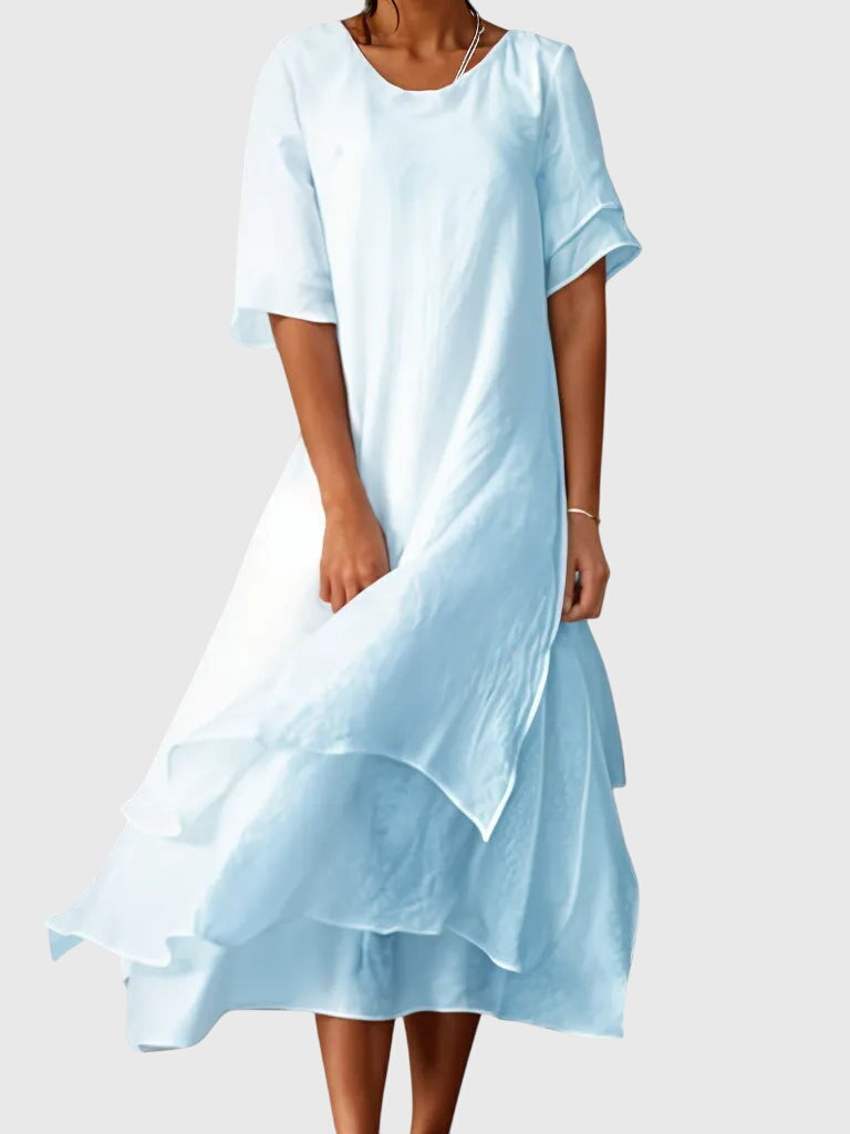 Women's Layered Midi Dress – Casual Short Sleeve Scoop Neck Maxi Dress