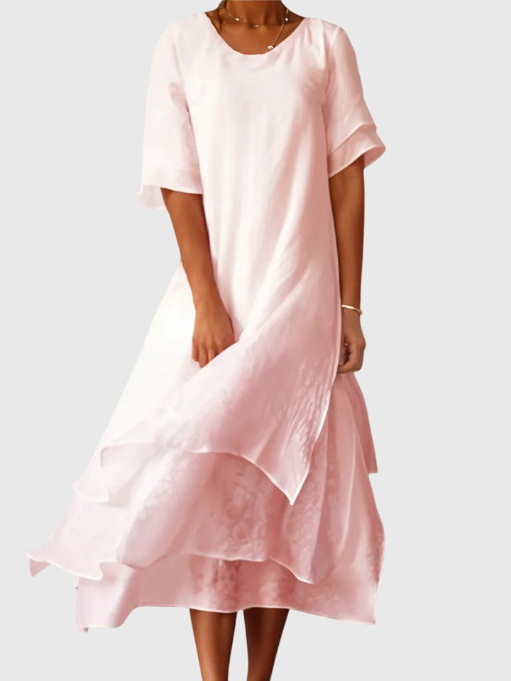 Women's Layered Midi Dress – Casual Short Sleeve Scoop Neck Maxi Dress