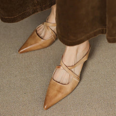 Women's Leather Mules Cross-Strap Pointed Toe Low Heel Slip-On