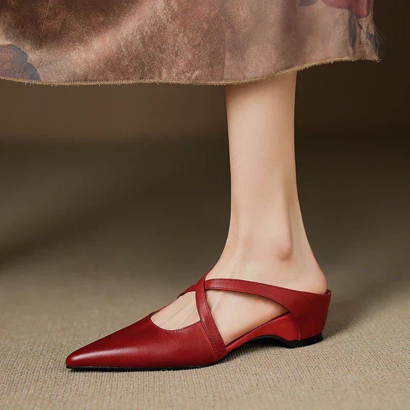 Women's Leather Mules Cross-Strap Pointed Toe Low Heel Slip-On