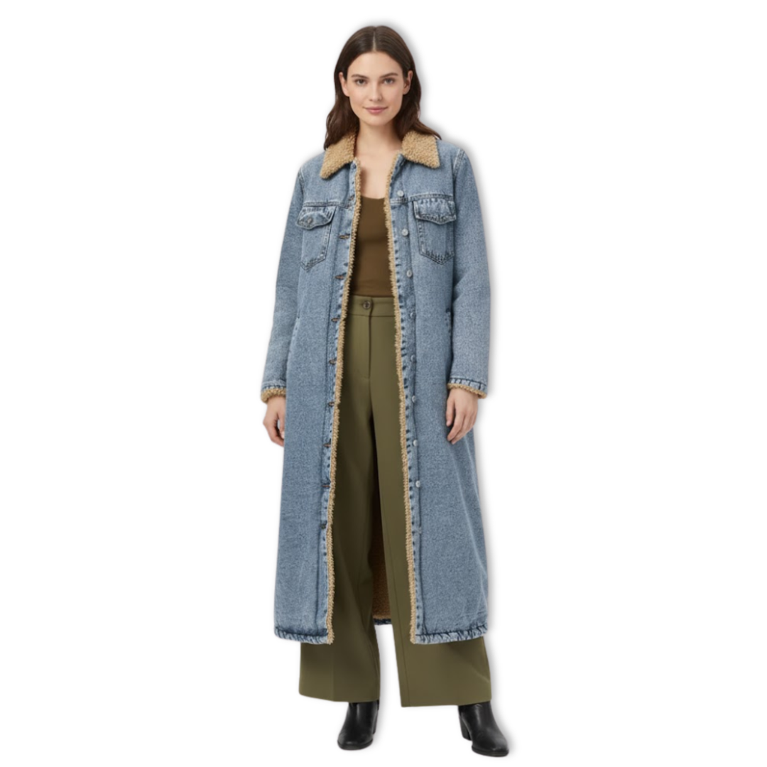 Women’s Long Jean Coat with Soft Collar Button Down Jean Jacket