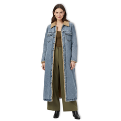 Women’s Long Jean Coat with Soft Collar Button Down Jean Jacket