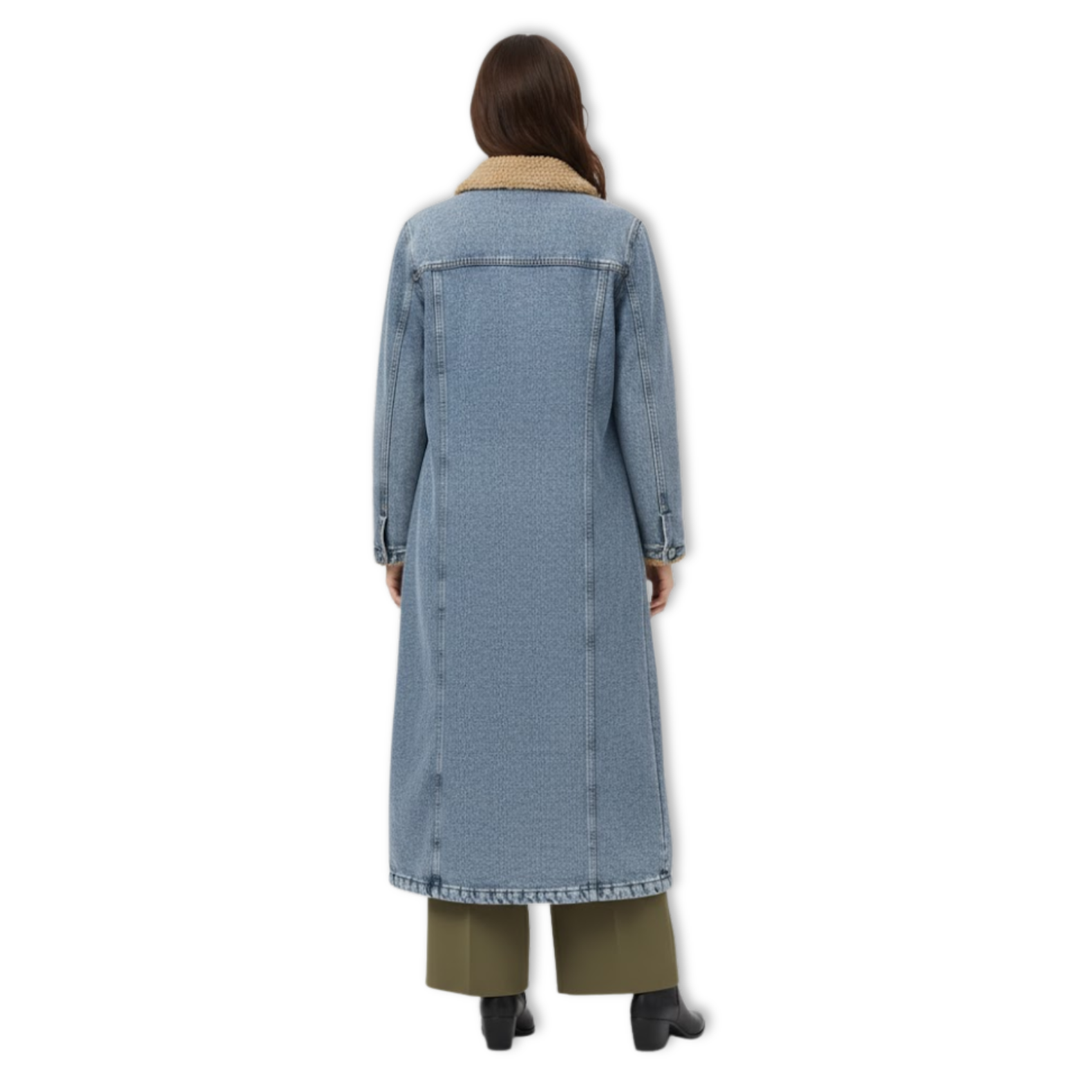 Women’s Long Jean Coat with Soft Collar Button Down Jean Jacket