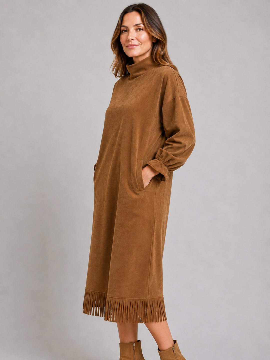 Women's Midi Dress with High Neck Fringe