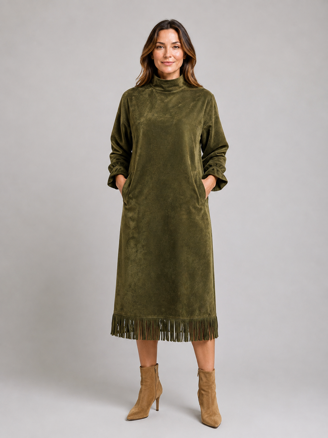 Women's Midi Dress with High Neck Fringe