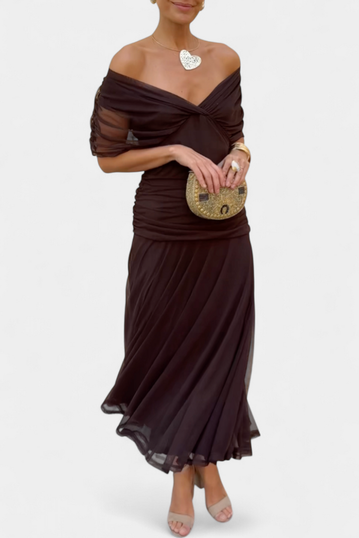 Women’s Off-Shoulder Dress with Pleated Waist