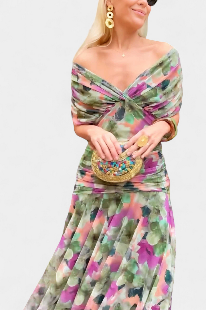 Women’s Off-Shoulder Dress with Pleated Waist