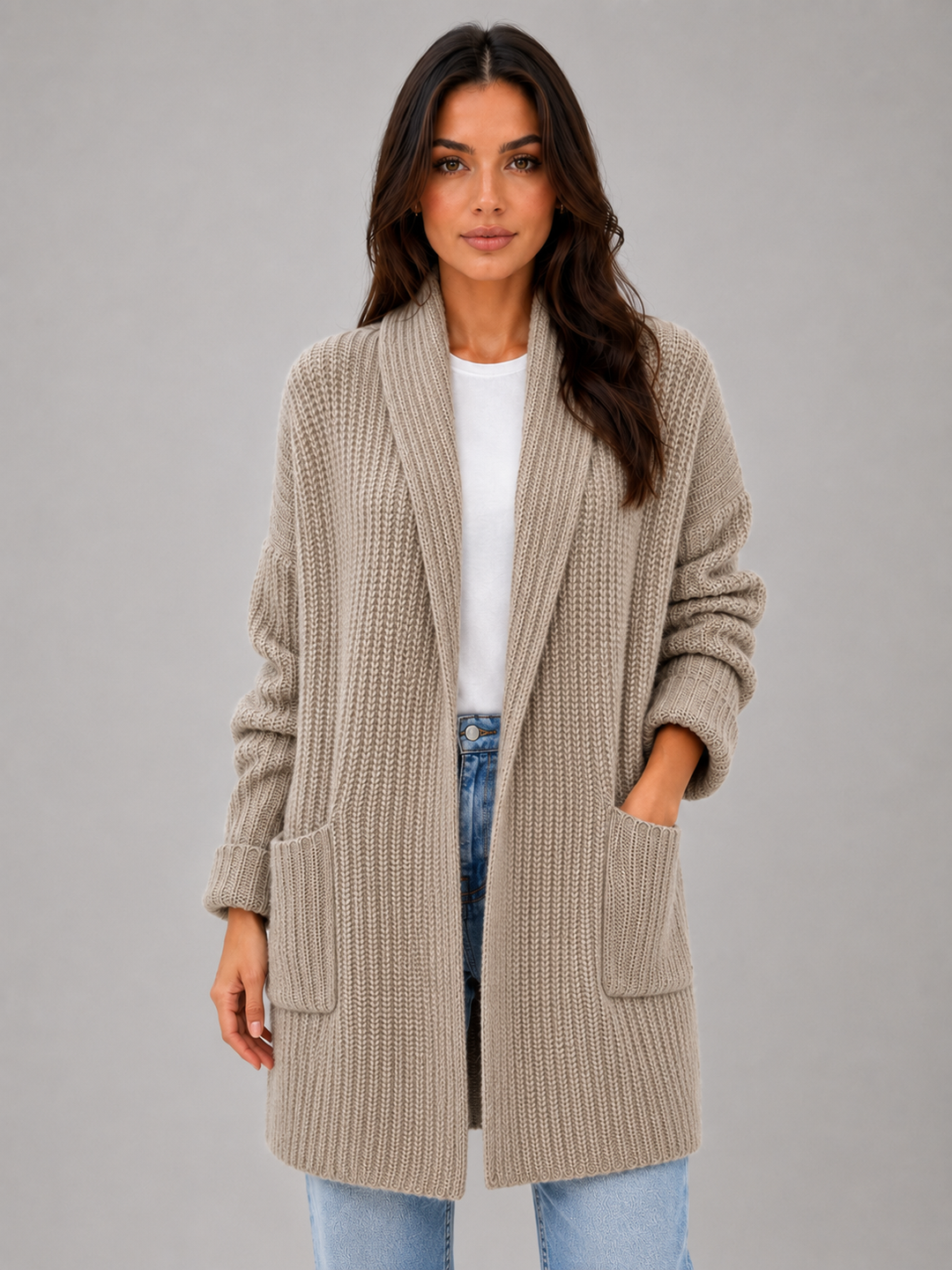 Women's Open Front Cardigan Shawl Collar - Soft Knit Longline Style