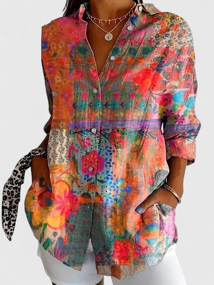 Women's Painterly Bloom Button-Up Blouse – Multicolor Floral Shirt