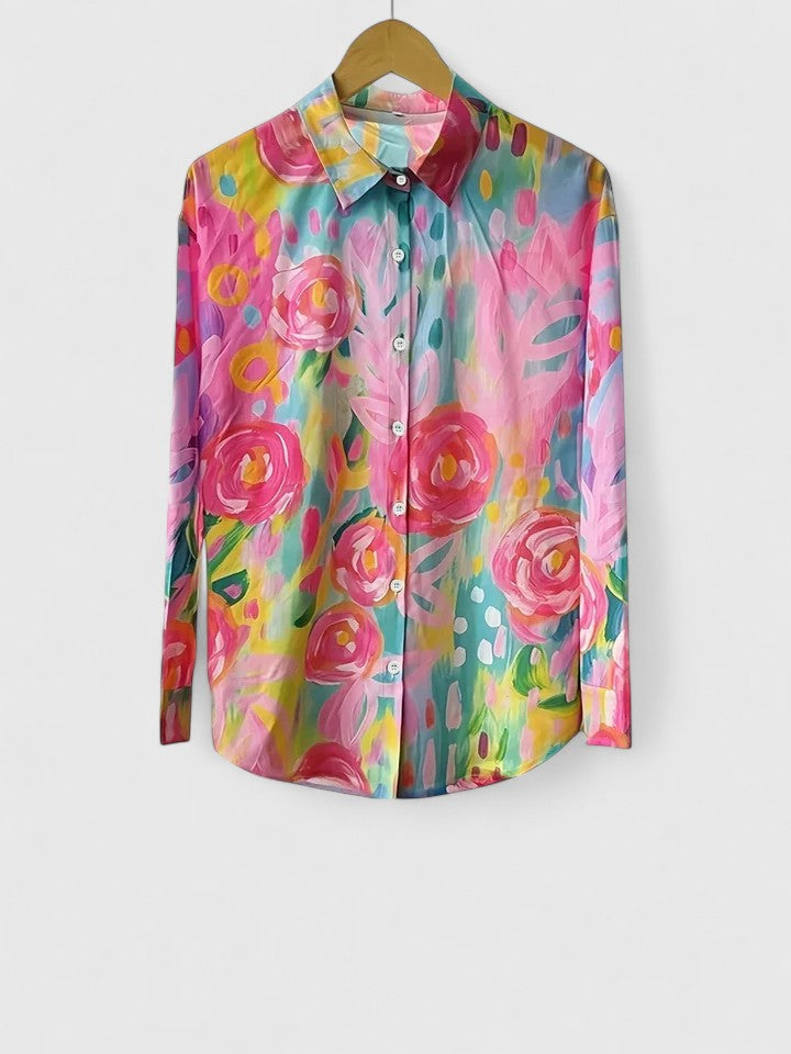 Women's Painterly Bloom Button-Up Blouse – Multicolor Floral Shirt