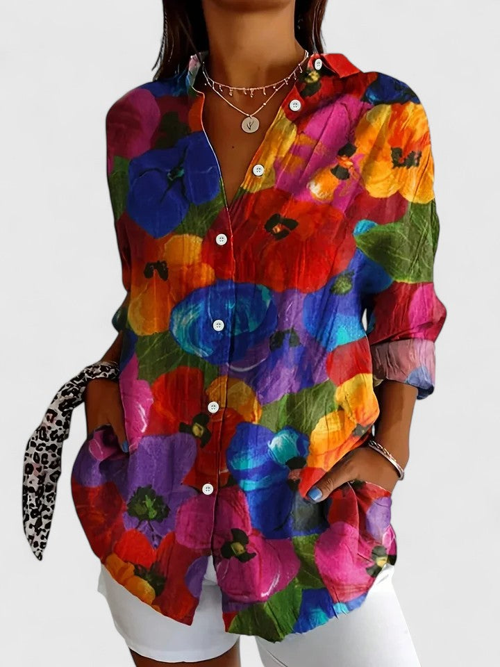 Women's Painterly Bloom Button-Up Blouse – Multicolor Floral Shirt