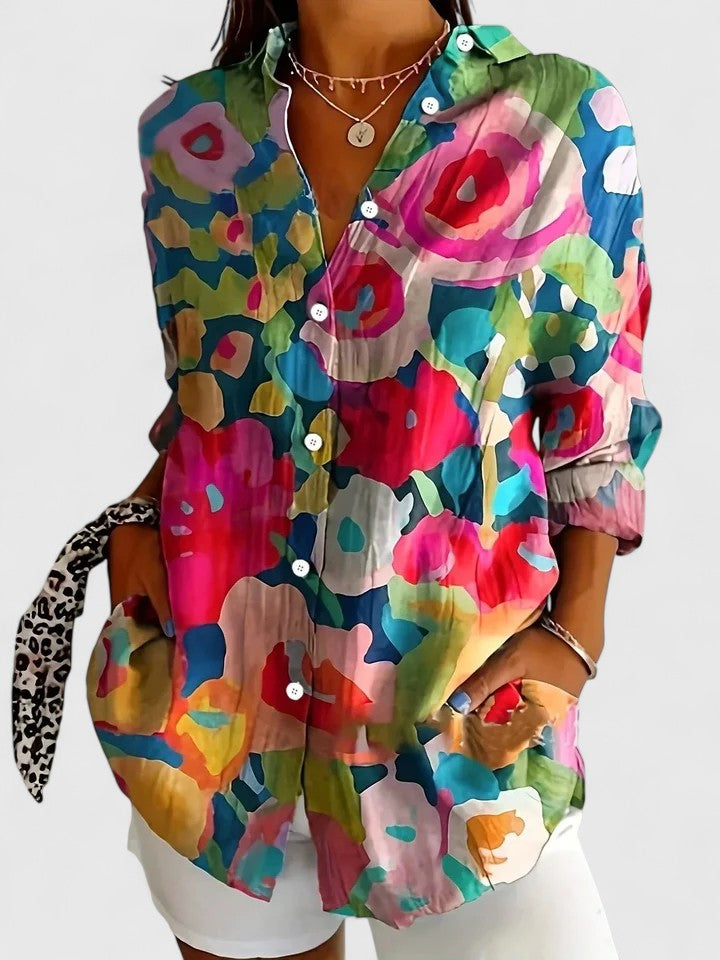 Women's Painterly Bloom Button-Up Blouse – Multicolor Floral Shirt