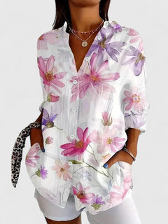 Women's Painterly Bloom Button-Up Blouse – Multicolor Floral Shirt