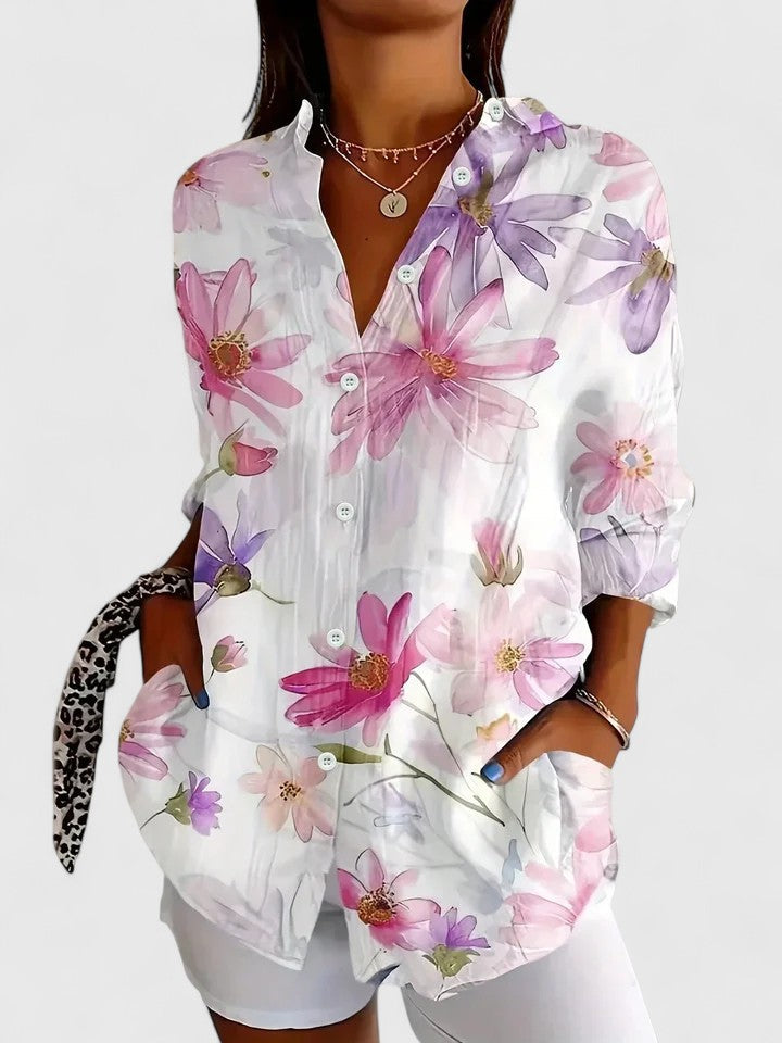 Women's Painterly Bloom Button-Up Blouse – Multicolor Floral Shirt