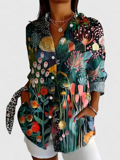 Women's Painterly Bloom Button-Up Blouse – Multicolor Floral Shirt