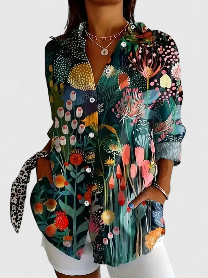 Women's Painterly Bloom Button-Up Blouse – Multicolor Floral Shirt