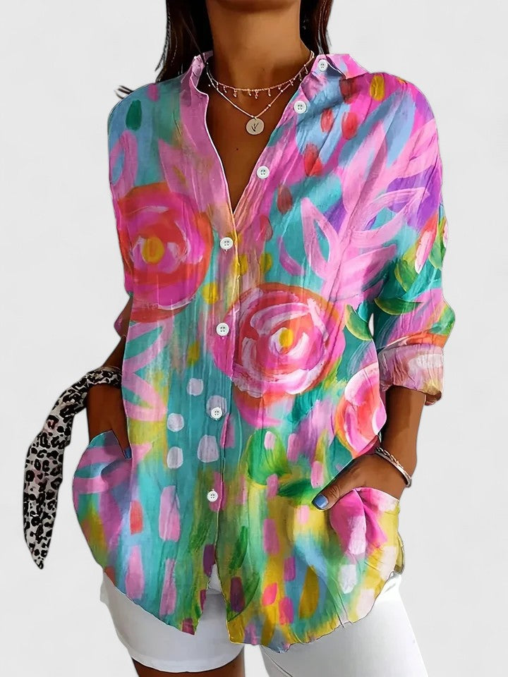 Women's Painterly Bloom Button-Up Blouse – Multicolor Floral Shirt