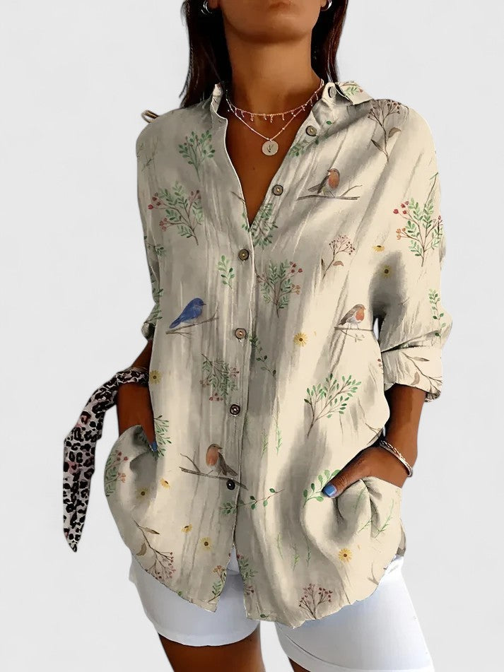 Women’s Patchwork Floral Blouse with Button Front
