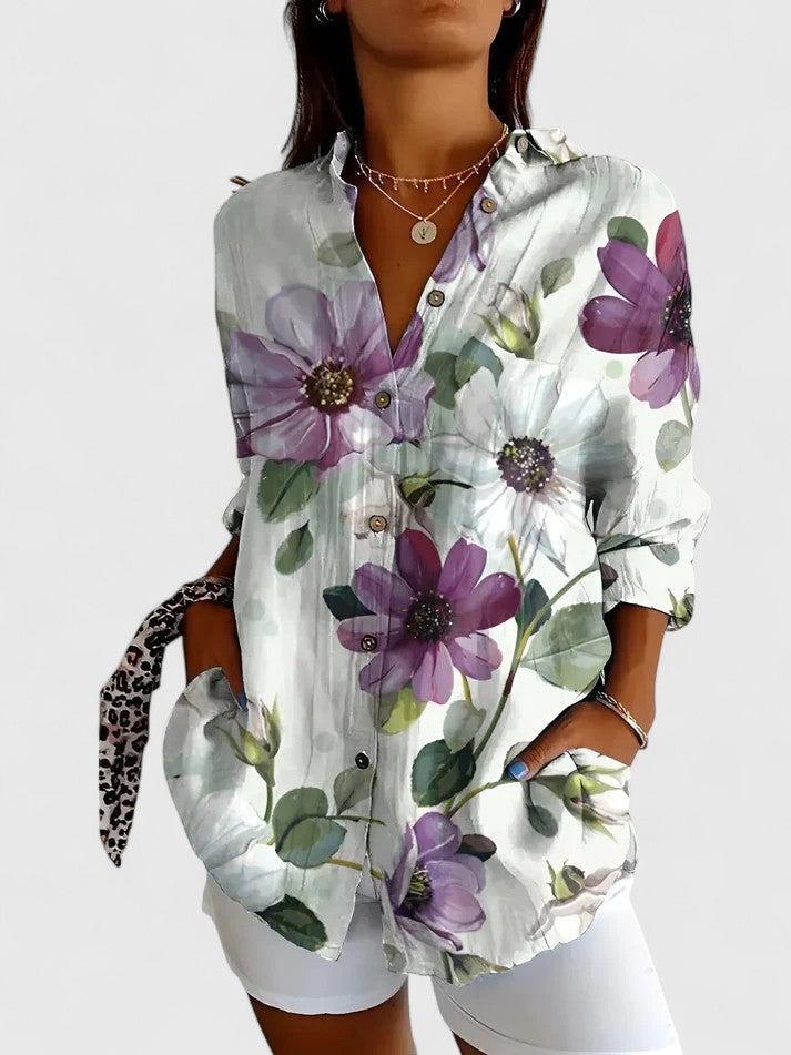 Women’s Patchwork Floral Blouse with Button Front