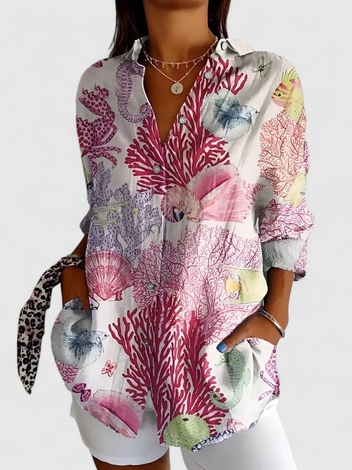 Women’s Patchwork Floral Blouse with Button Front
