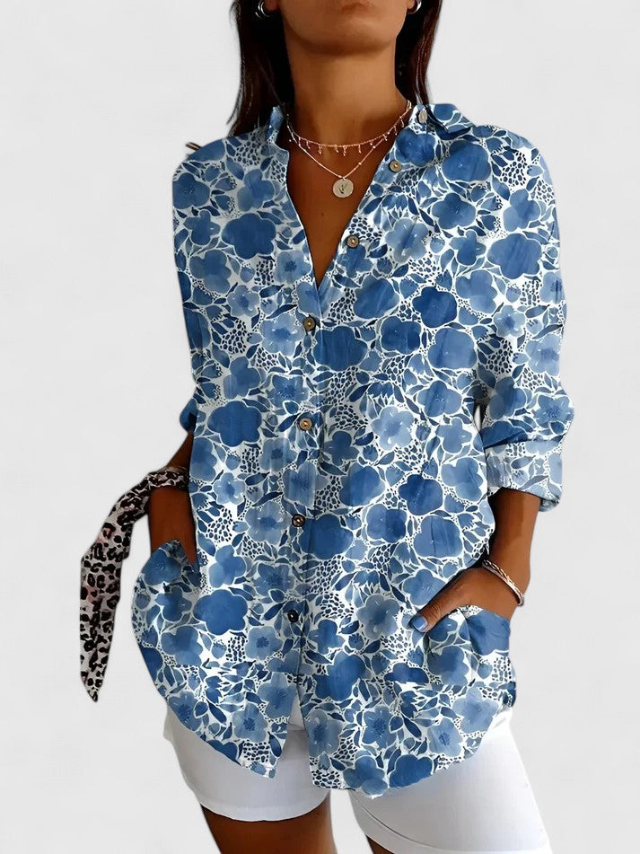 Women’s Patchwork Floral Blouse with Button Front
