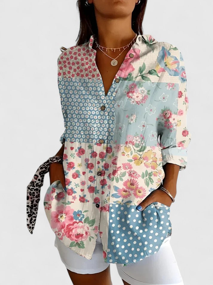 Women’s Patchwork Floral Blouse with Button Front