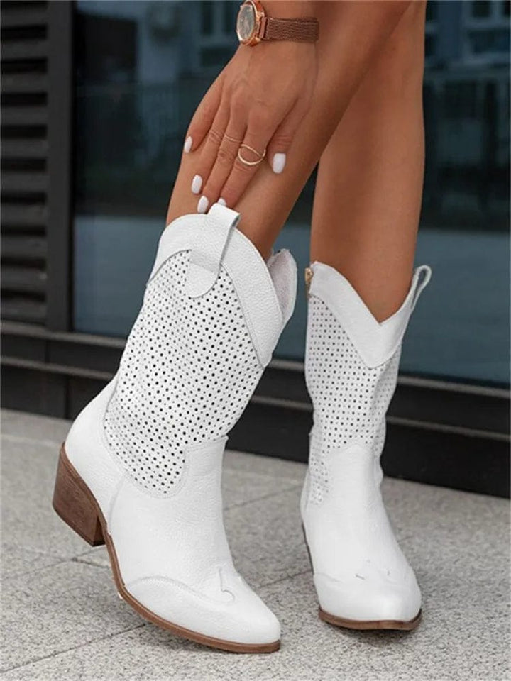Women's Perforated Suede Cowboy Boots - Side Zip Western Booties