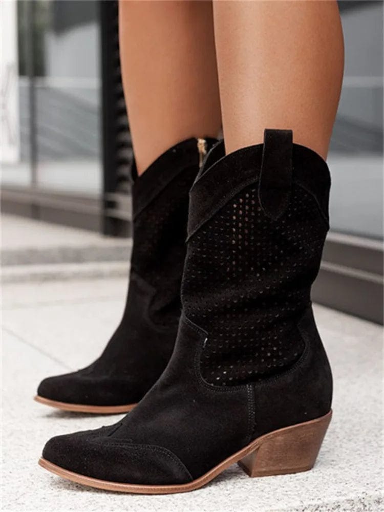 Women's Perforated Suede Cowboy Boots - Side Zip Western Booties