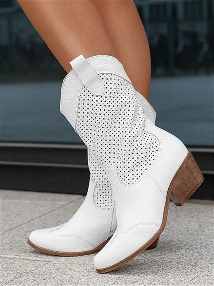 Women's Perforated Suede Cowboy Boots - Side Zip Western Booties