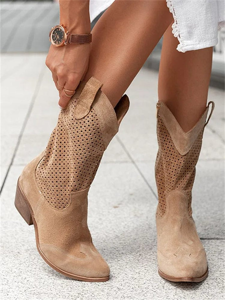 Women's Perforated Suede Cowboy Boots - Side Zip Western Booties