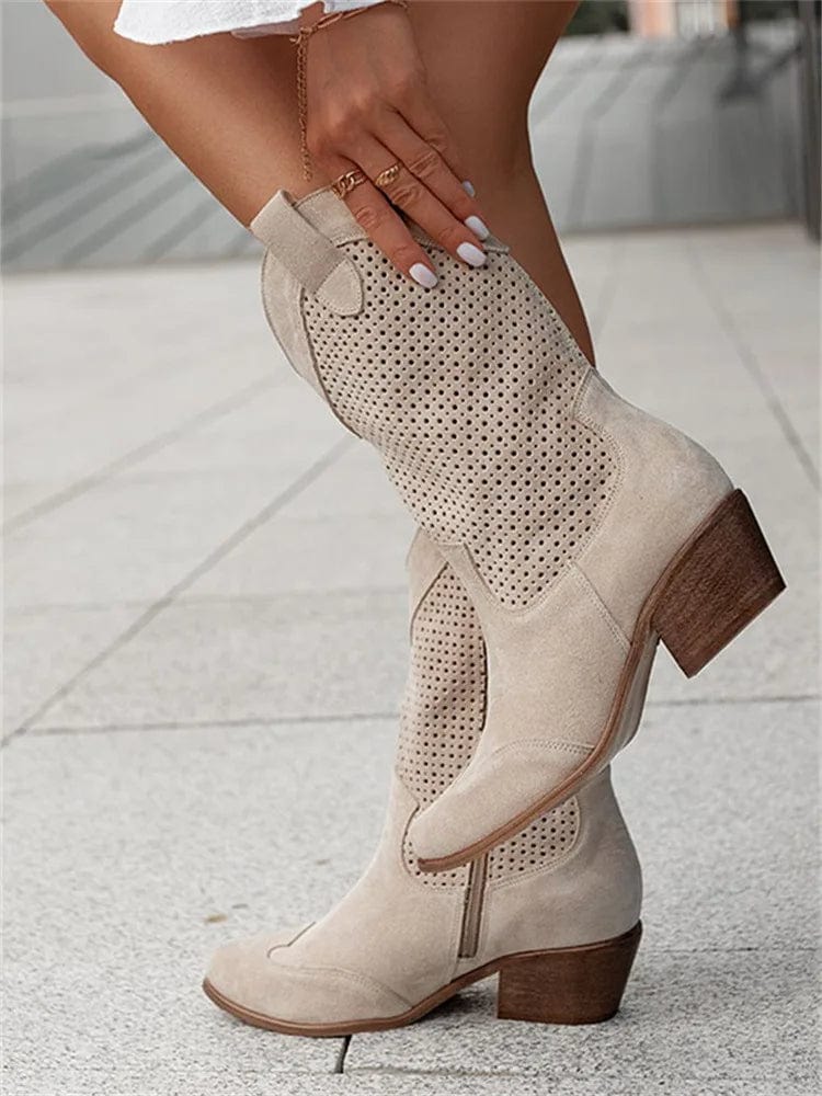 Women's Perforated Suede Cowboy Boots - Side Zip Western Booties