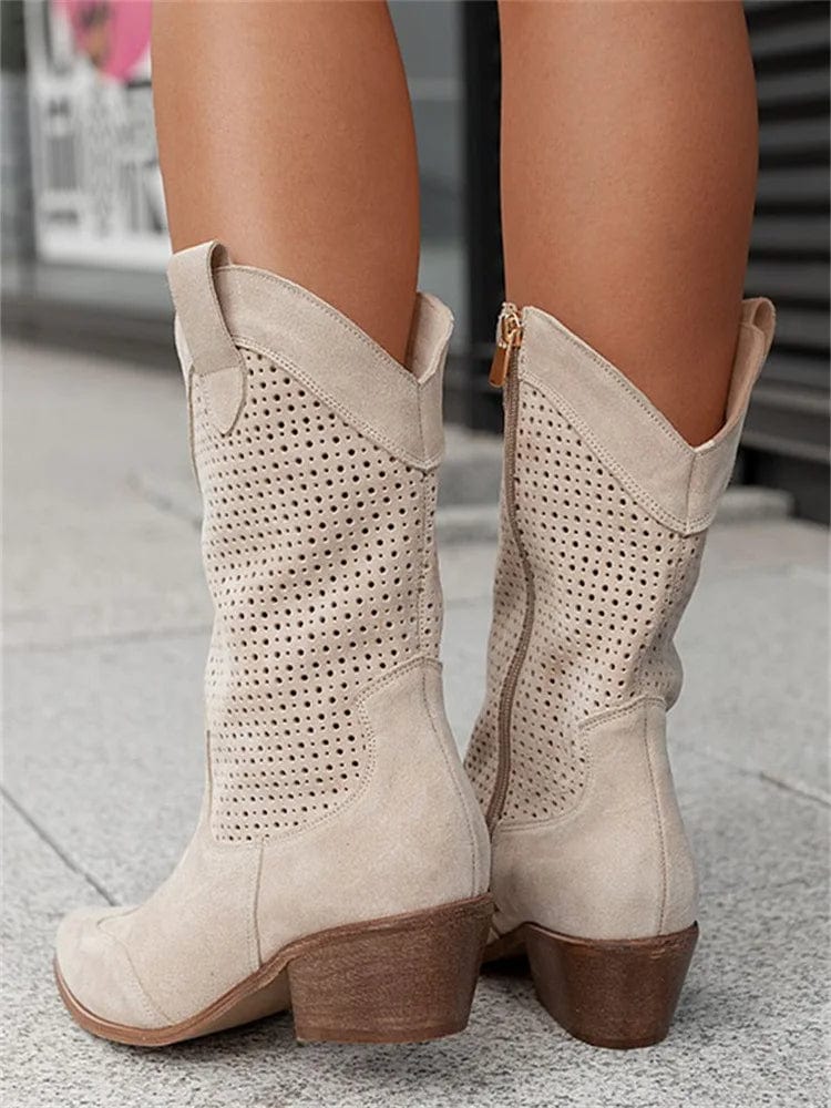 Women's Perforated Suede Cowboy Boots - Side Zip Western Booties