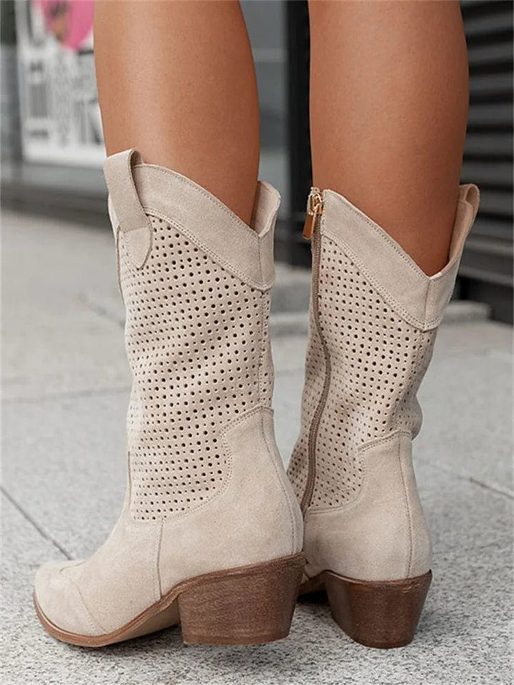 Women's Perforated Suede Cowboy Boots - Side Zip Western Booties