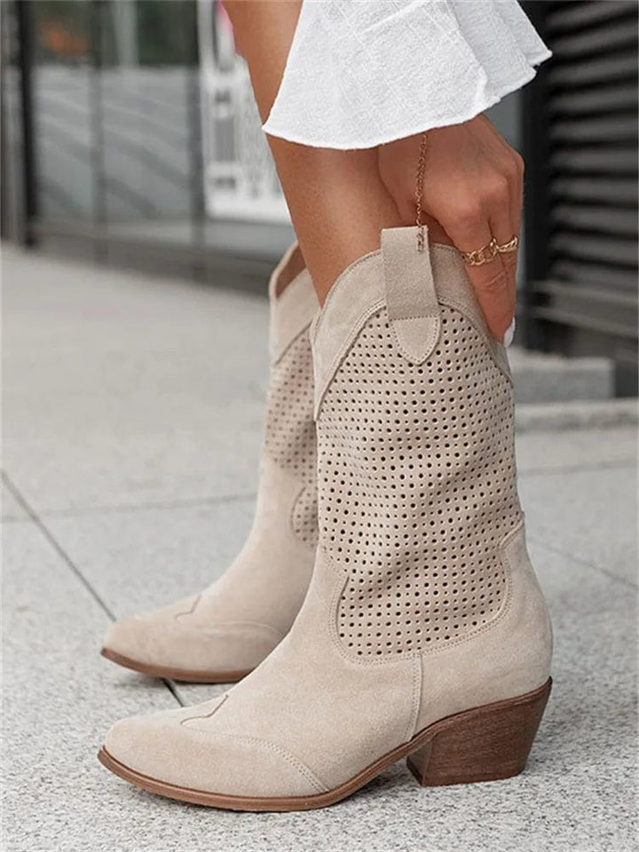 Women's Perforated Suede Cowboy Boots - Side Zip Western Booties