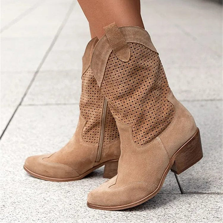 Women's Perforated Suede Cowboy Boots - Side Zip Western Booties