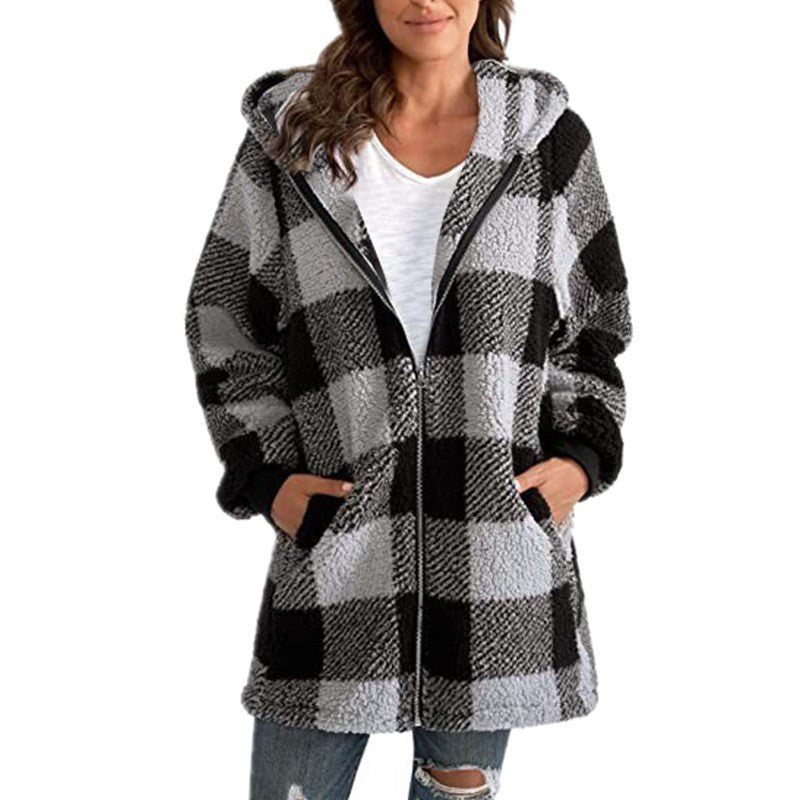 Women’s Plaid Hooded Coat with Comfort