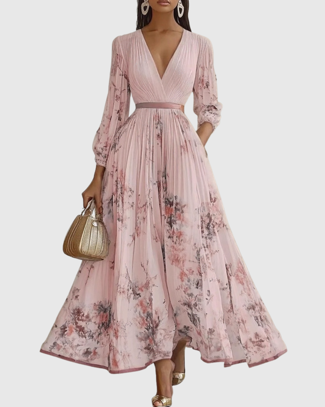Women’s Pleated Maxi Dress with Ribbon Waist