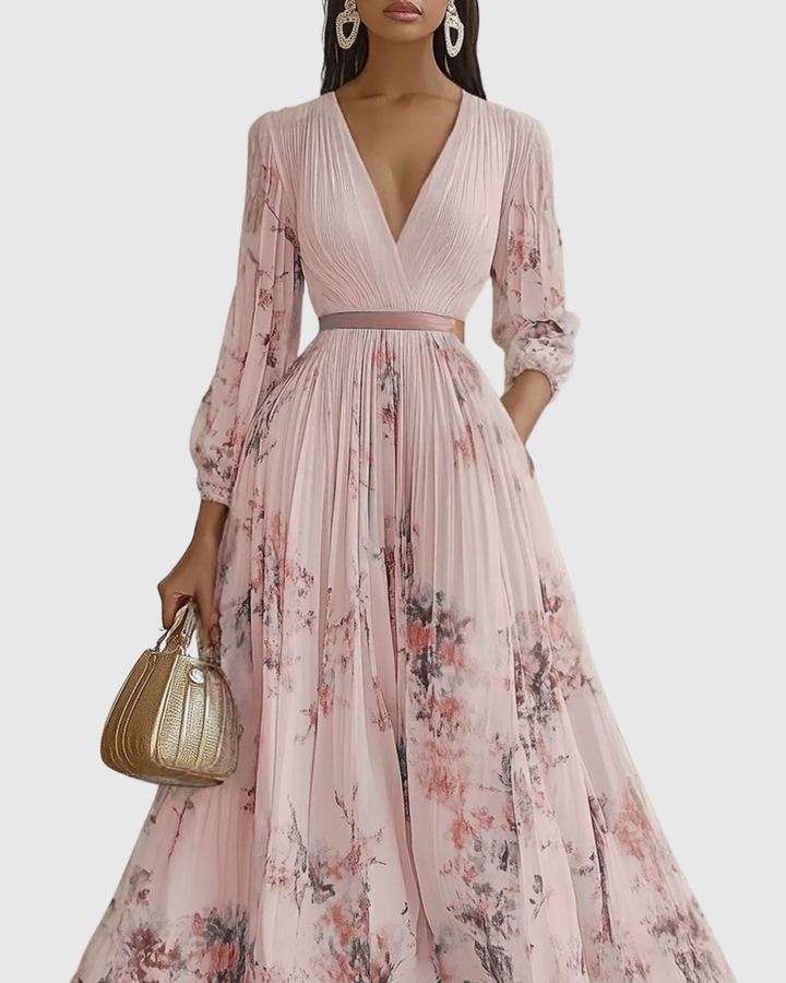 Women’s Pleated Maxi Dress with Ribbon Waist