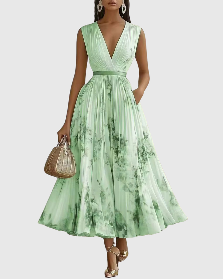 Women’s Pleated Maxi Dress with Ribbon Waist