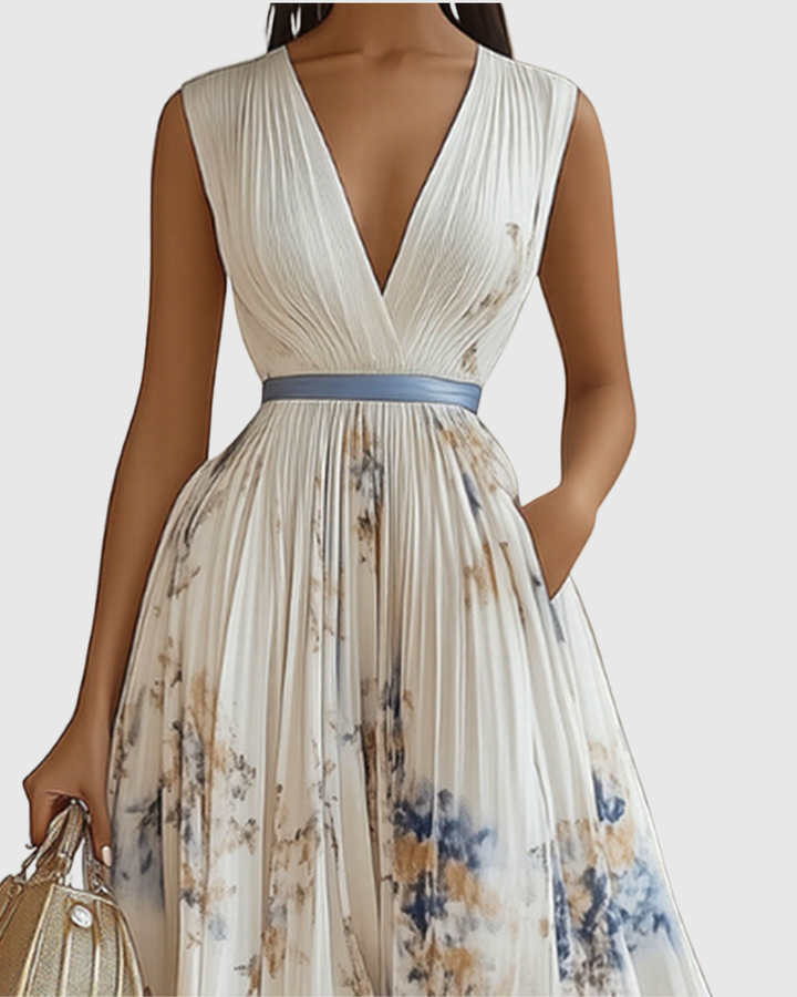 Women’s Pleated Maxi Dress with Ribbon Waist