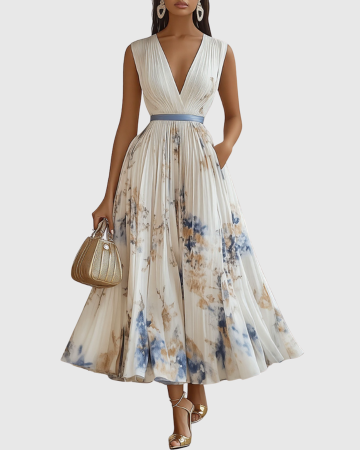 Women’s Pleated Maxi Dress with Ribbon Waist
