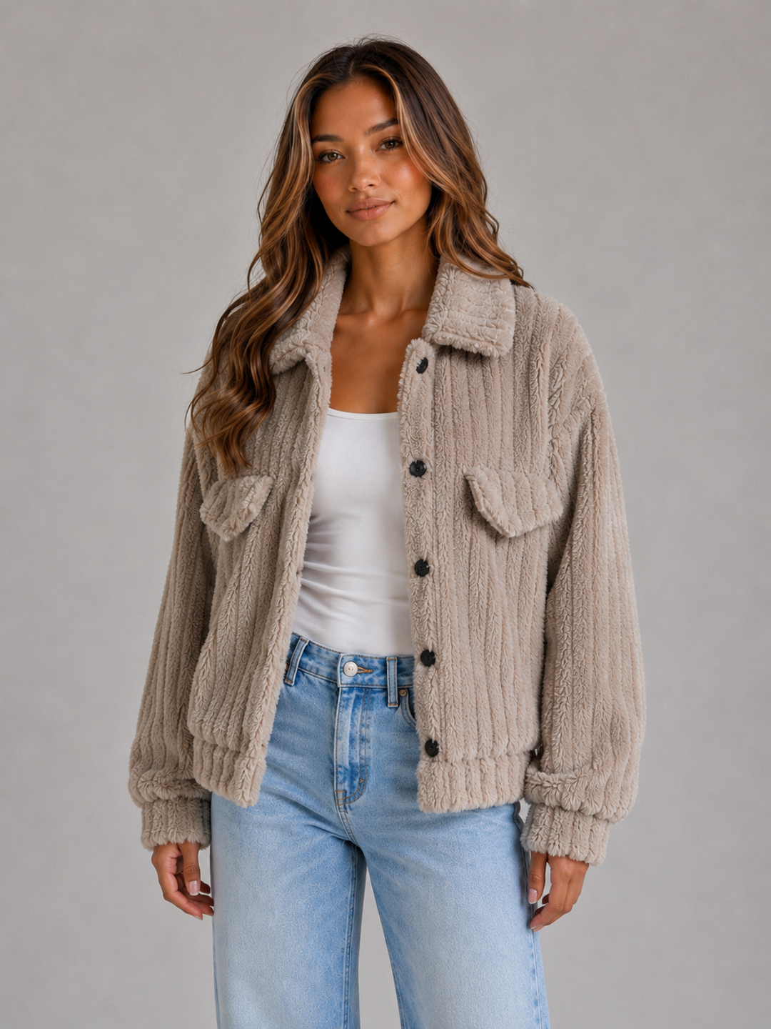 Women’s Plush Teddy Jacket with Button Front