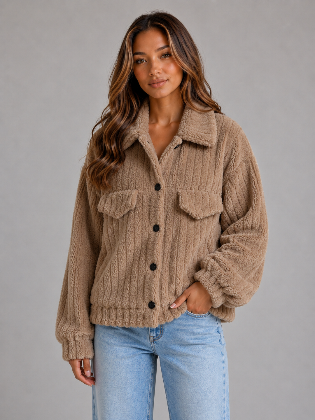 Women’s Plush Teddy Jacket with Button Front