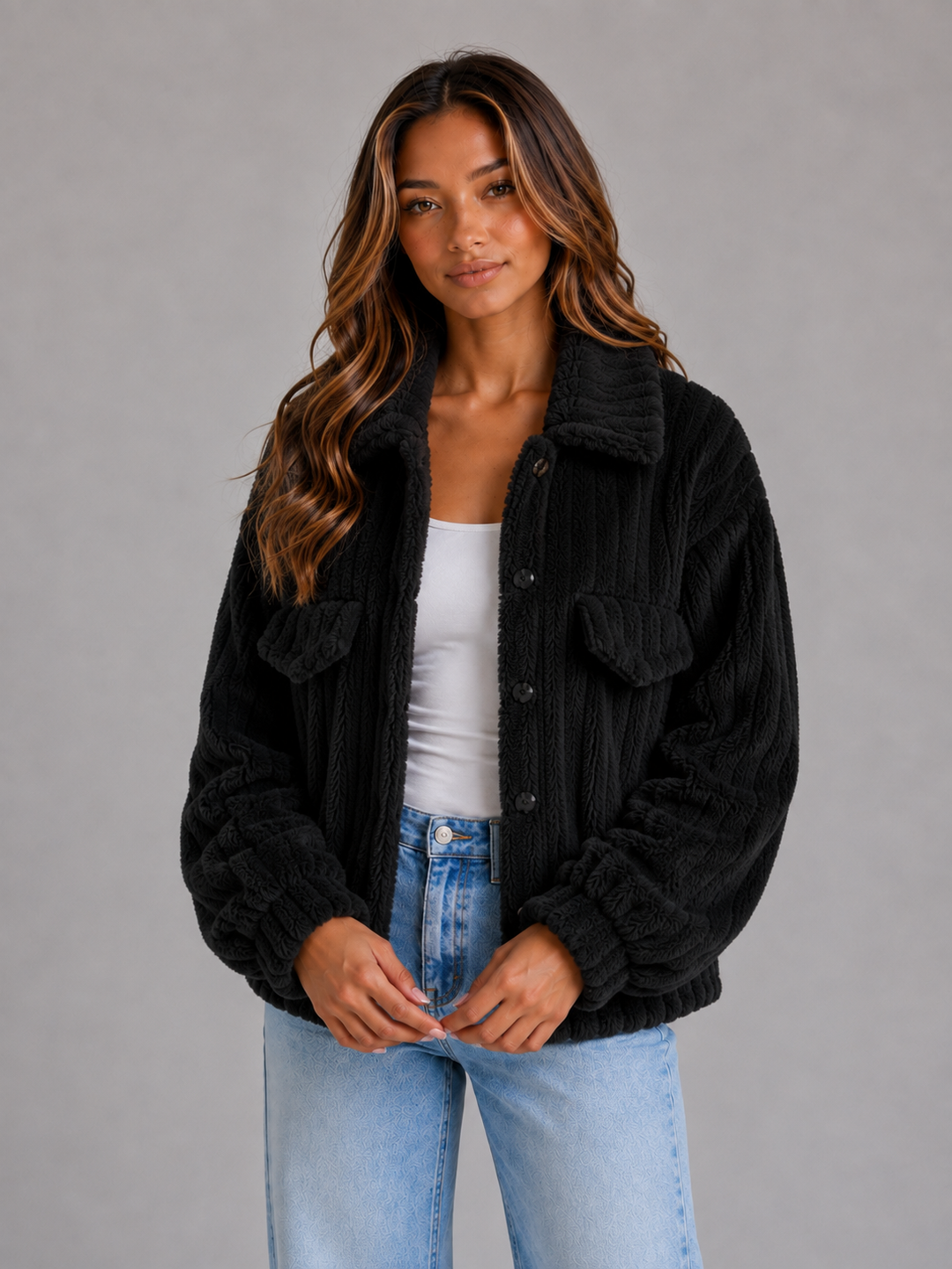 Women’s Plush Teddy Jacket with Button Front