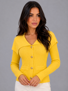 Women's Ribbed Cardigan with Gold Button Fastening